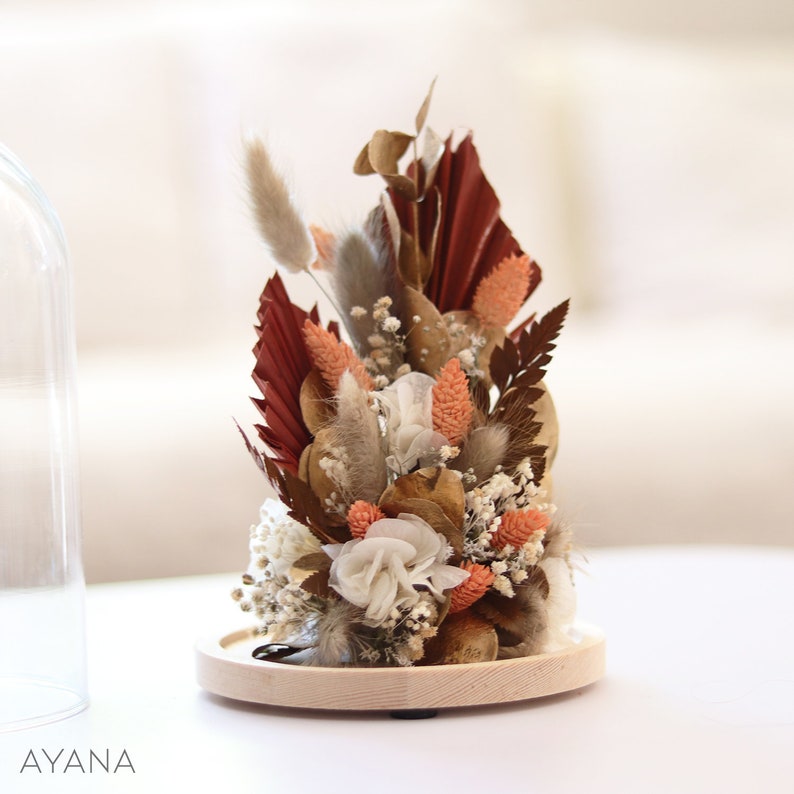 COACHELLA VALLEY decoratieve stolp met gedroogde bloemen in terracotta en goud, eeuwige bloem onder glazen stolp, herfst interieurdecoratie afbeelding 3