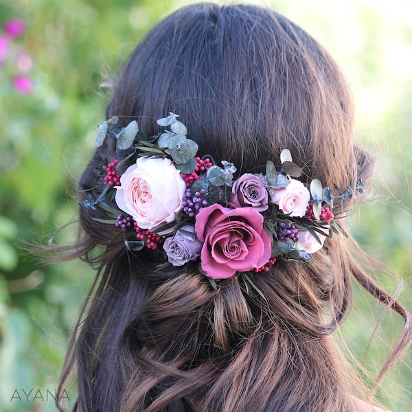 Women hair accessories, bridal headpiece KATLYN, romantic wedding hair accessory, half wedding crown,flower hair wreath, preserved flowers