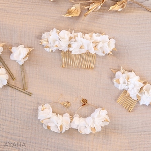 Peigne YAËLLE hortensia naturel stabilisé blanc et doré pour coiffure de mariée mariage bohème chic, parure de fleurs pour cheveux image 9
