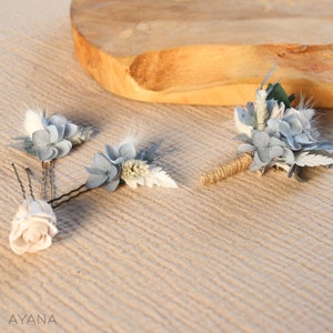 Lot d'épingles à cheveux ELSA en fleur séchée et stabilisée pour coiffure mariage bohème d'hiver couleur gris bleu 3 pics(1 rose)+ 1bou