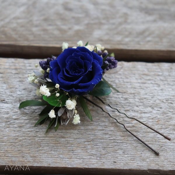 Epingle à cheveux VALENTINE pour coiffure mariage fleur stabilisée bleue, barrette cheveux rose bleue et gypsophile demoiselle d'honneur