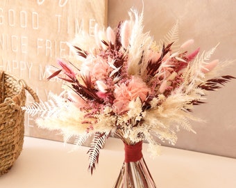 Bouquet EDIMBOURG arrangement en fleur naturelle séchée et stabilisée couleur rose pastel et terracotta, bouquet de mariée hortensia rose
