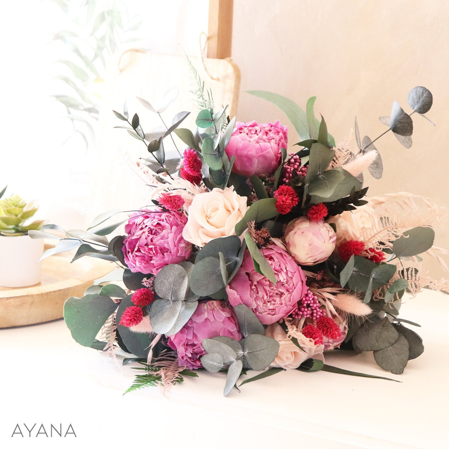 Bouquet de Printemps Grasse Pivoines Roses et Éternelles Rose Blush, Bouquet Mariée Fleur Séchée Sta