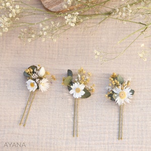 Lot épingles à cheveux ROXANE fleur séchée mariage champêtre, accessoire coiffure d'été petite fleur blanche et jaune thème campagne chic 3 pics