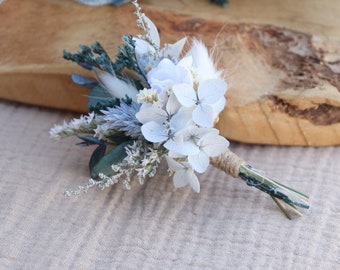 Boutonniere RELAXATION bruidegomaccessoire gedroogde en geconserveerde huwelijksbloemen, witte tint en parelgrijze bloemaccessoire voor bruidegompak