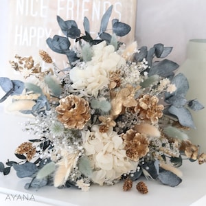 Bouquet ARLES getrocknete und konservierte Blumen Elfenbein Salbeigrün und Gold, umweltbewusster Dekorationsstrauß Naturblumen Weihnachten in der Provence