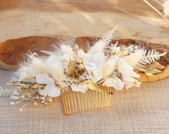 Hair comb ISABEL dried and preserved flowers white and gold Chic boho wedding, Country wedding hairstyle comb sustainable natural flowers