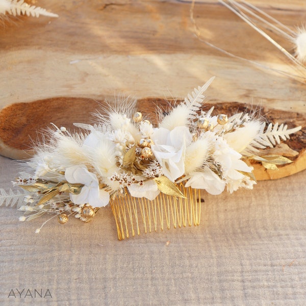 Peigne cheveux ISABEL fleurs séchées et stabilisées blanc et doré mariage bohème, Peigne coiffure mariage campagne fleur naturelle durable