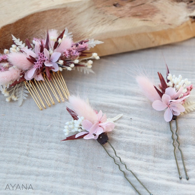 Lot épingles à cheveux ELEANOR en fleur séchée pour coiffure mariage bohème rose et terracotta, accessoire cheveux teintes pastel image 5