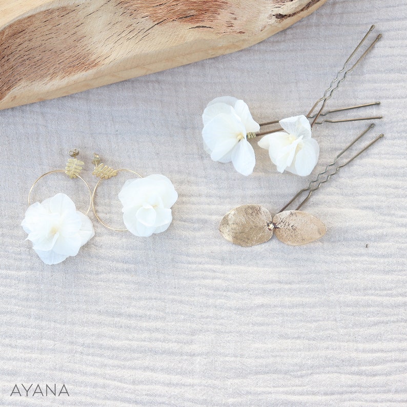 Lot d'épingles à cheveux DIANE en hortensia stabilisé blanc naturel et eucalyptus doré, accessoire coiffure mariage bohème en fleur durable image 7