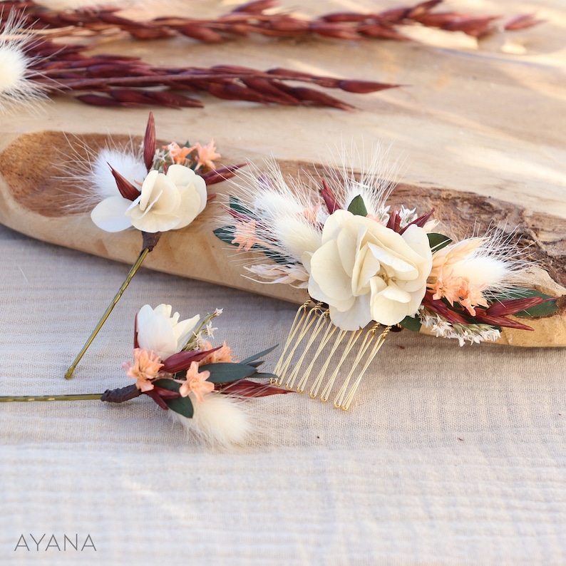 Peignes cheveux ROSITA fleurs séchées et stabilisées terracotta mariage bohème, Peigne coiffure fleur naturelle durable mariage champêtre image 7