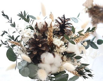 Weißer und goldener COLMAR-Blumenstrauß, festlicher Tischdekorationsstrauß aus getrockneten und konservierten Blumen, Boho-Chic-Dekoration aus weißen und goldenen Trockenblumen