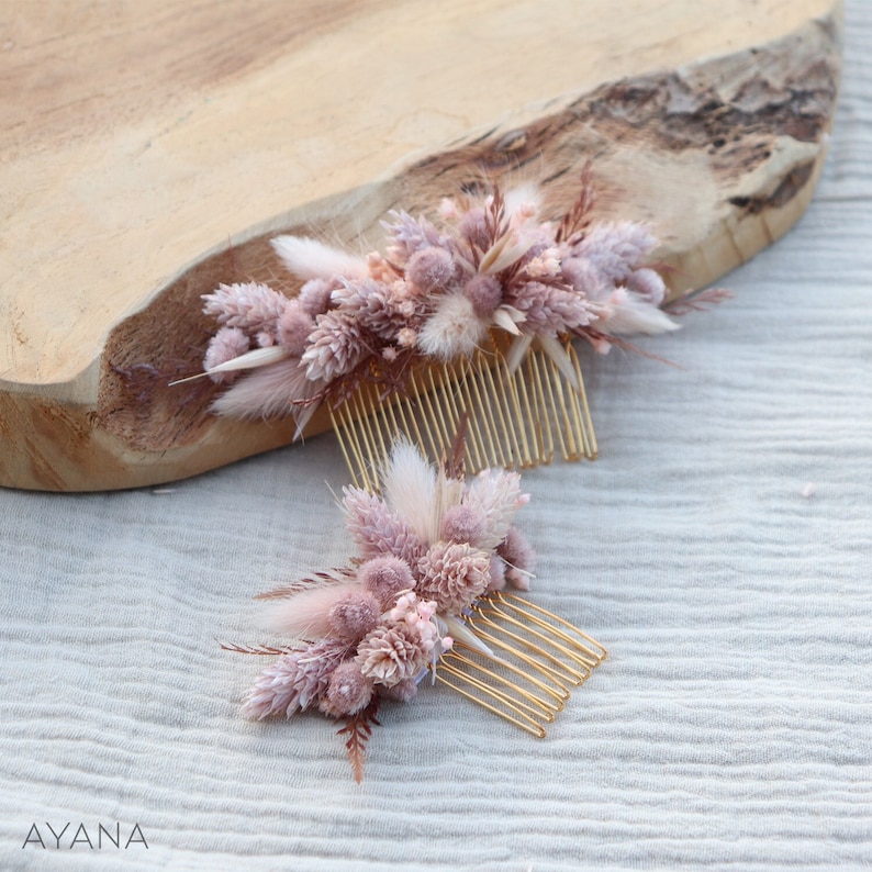BRIDGET comb dried and preserved flower pink blush romantic hairstyle, Long lasting natural flower haircomb for boho eco-responsible wedding image 1