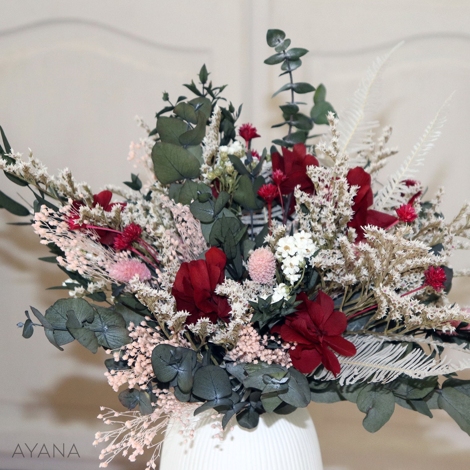 Bouquet Fleurs Séchées Bordeaux, Arrangement et Stabilisées, Déco Naturelles Durables Rose Rouge Fon