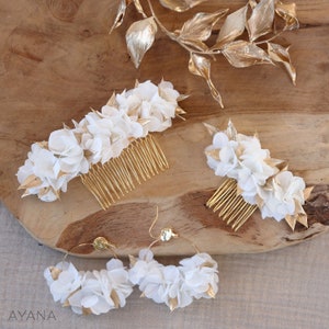 Peigne YAËLLE hortensia naturel stabilisé blanc et doré pour coiffure de mariée mariage bohème chic, parure de fleurs pour cheveux image 8
