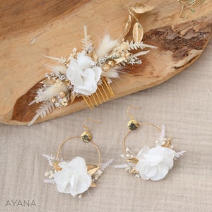 Peigne cheveux ISABEL fleurs séchées et stabilisées blanc et doré mariage bohème, Peigne coiffure mariage campagne fleur naturelle durable image 8