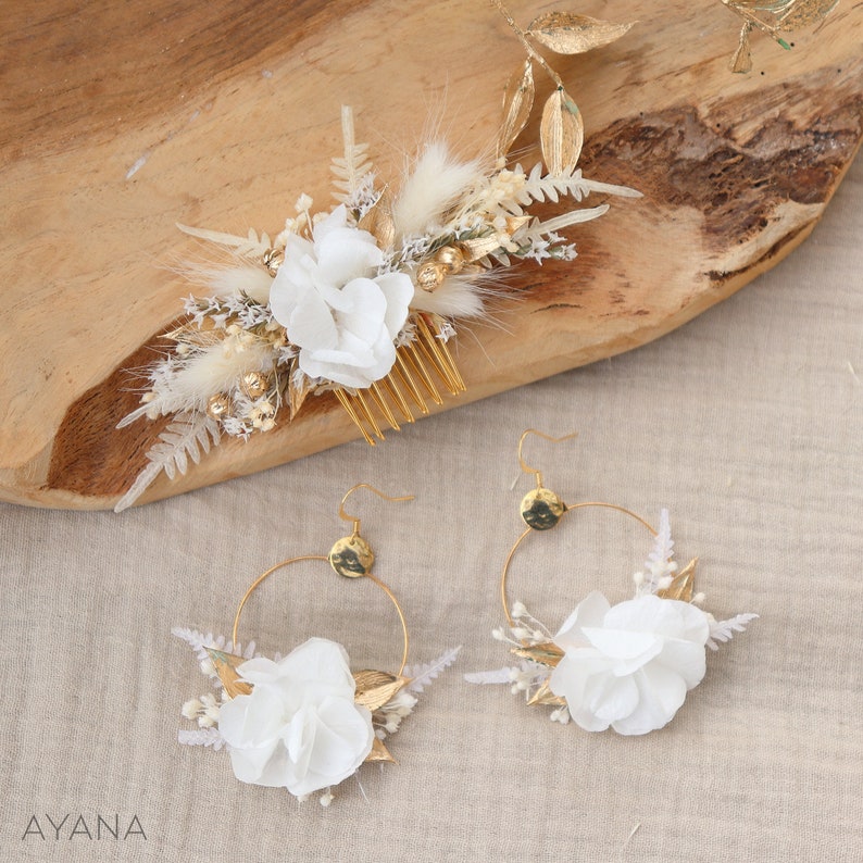 Pettine per capelli ISABEL fiori secchi e conservati matrimonio boho bianco e oro, pettine per acconciatura da sposa country fiore naturale sostenibile immagine 8