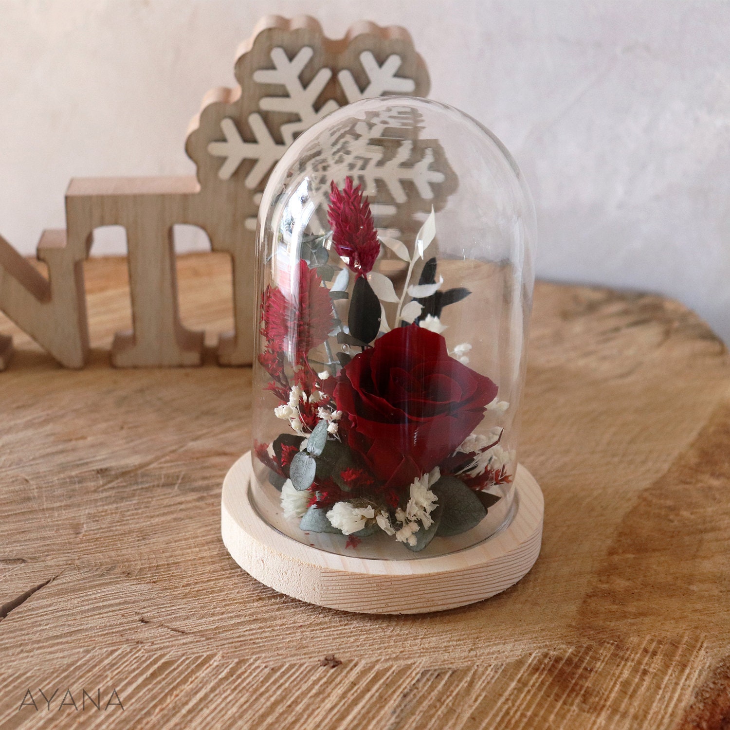 Petite Cloche Rhapsodie en Rouge, Cadeau Pour Elle Rose Rouge Sous en Verre, Éternelle Décoration Ma