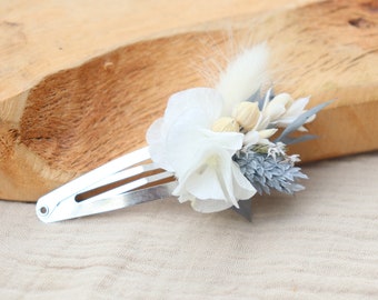 Barrette à cheveux OCEANE style clic-clac en fleurs stabilisées pour enfant et adulte, Accessoire à cheveux bleu mariage, baptême, communion