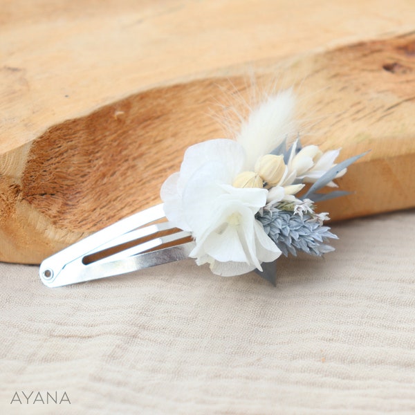 Barrette à cheveux OCEANE style clic-clac en fleurs stabilisées pour enfant et adulte, Accessoire à cheveux bleu mariage, baptême, communion