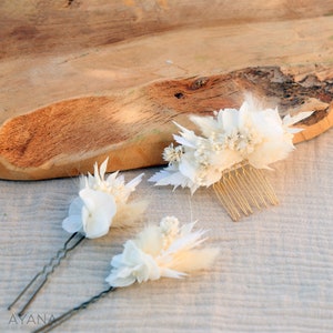 Viele Haarnadeln von OLWEN, getrocknete und stabilisierte weiße Blumen, Boho-Chic-Hochzeit, getrocknete Blume auf Haarnadel für Hochzeit, Taufe oder Kommunion Bild 8