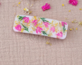 BAYA hårspänne i naturligt blomkåda – Torkade fuchsia gulgröna blommor i epoxiharts – Boho chic håraccessoar för bröllop