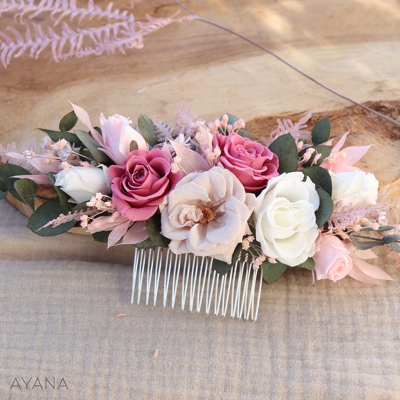 Peigne long ROSY fleurs naturelles séchées et stabilisées rose blush accessoire arrière tête coiffure fleuri mariage bohème chic 1 peigne L