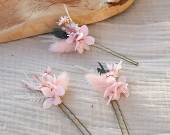 Lot épingles à cheveux ROSA en fleurs séchées et stabilisées pour coiffure mariage bohème couleur rose pastel peigne coiffure de mariée