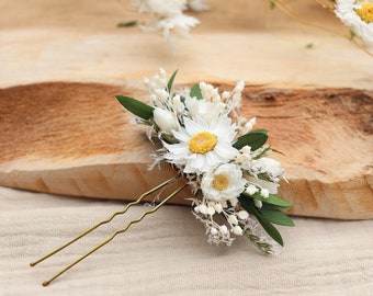 Epingle à cheveux DONNA barrette fleurs séchées blanche mariage esprit bohème , accessoire fleur pour chignon de mariée