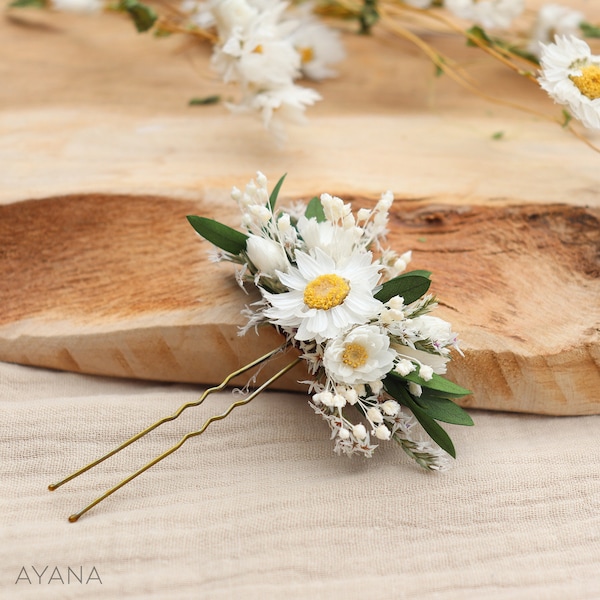 Epingle à cheveux DONNA barrette fleurs séchées blanche mariage esprit bohème , accessoire fleur pour chignon de mariée