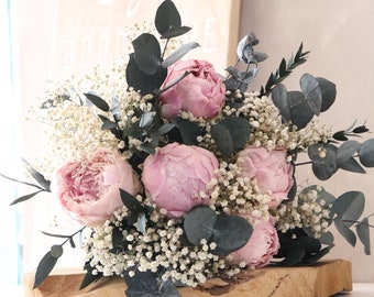 Bouquet pivoines et gypsophile KYOTO, arrangement fleurs séchées et stabilisées roses et blanc, cadeau pivoines durables fête des mères