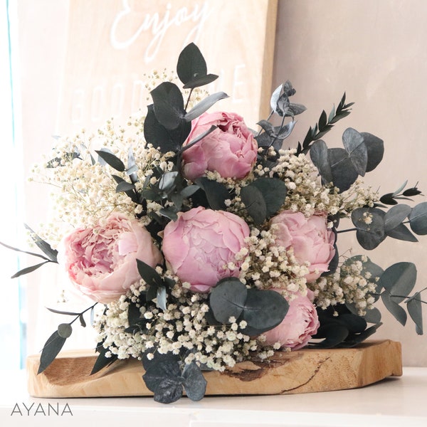 Bouquet pivoines et gypsophile KYOTO, arrangement fleurs séchées et stabilisées roses et blanc, cadeau pivoines durables fête des mères