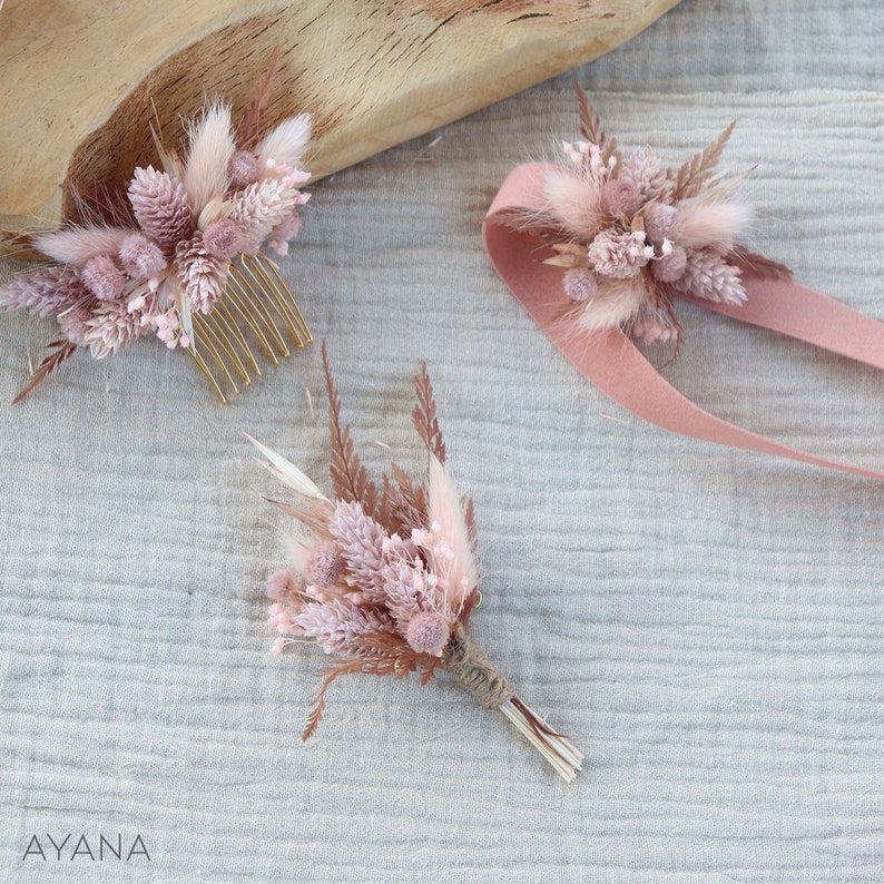 BRIDGET comb dried and preserved flower pink blush romantic hairstyle, Long lasting natural flower haircomb for boho eco-responsible wedding 1peig S+1brac+1bout