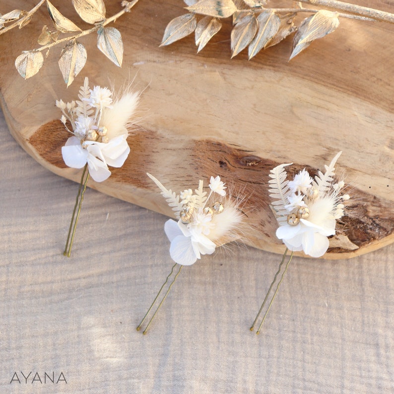 Lot d'épingles à cheveux ISABEL fleur séchée blanc et doré, accessoire coiffure hortensia blanc stabilisé pour fête mariage baptême Noël image 2