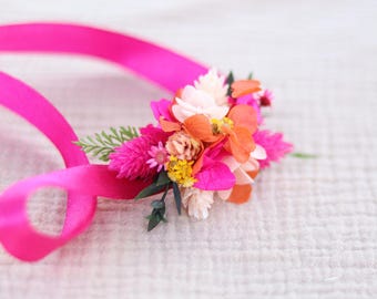 BAYA Dried Flower Bracelet on Fuchsia Satin Ribbon – Bohemian Floral Wedding Bracelet, Tropical Fuchsia Orange Bridesmaid Bracelet