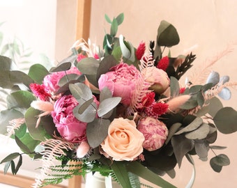 Spring bouquet GRASSE pink peonies and blush pink eternal roses, dried and preserved flower bridal bouquet for spring wedding