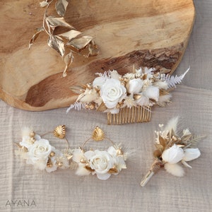 Peigne CHARLINE roses blanches stabilisées coiffure mariage bohème chic, Peigne élégant blanc et doré roses éternelles et fleurs séchées image 5