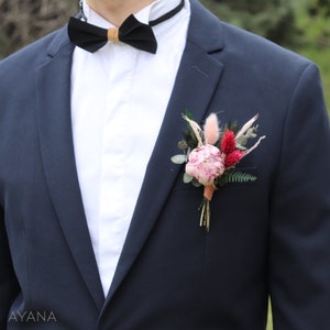 Buttonhole GRACE with pink natural peony for groom suit, dried and preserved flower accessory for boho chic wedding.