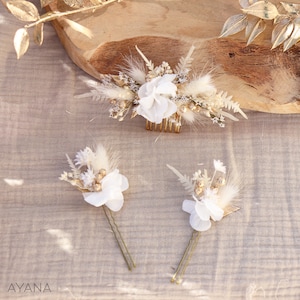 Peigne cheveux ISABEL fleurs séchées et stabilisées blanc et doré mariage bohème, Peigne coiffure mariage campagne fleur naturelle durable image 9