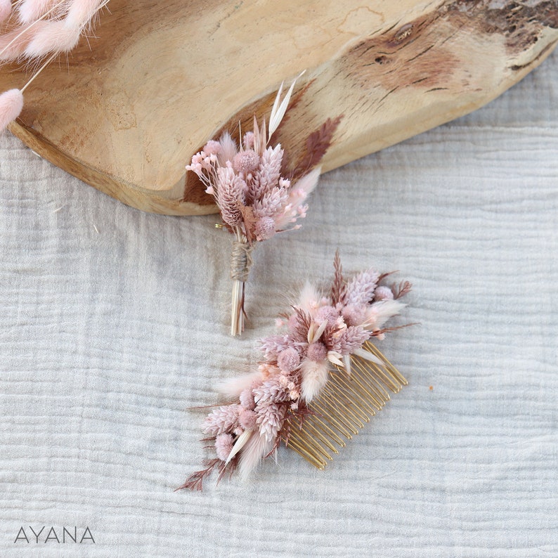 BRIDGET comb dried and preserved flower pink blush romantic hairstyle, Long lasting natural flower haircomb for boho eco-responsible wedding 1 peigne M + 1 bout.