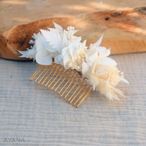 Hair comb OLWEN dried and preserved flower white boho chic wedding, Comb for classic bridal hairstyle sustainable eco-responsible  flower