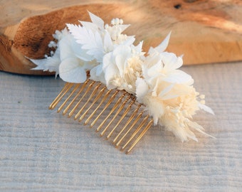 Pettine per capelli OLWEN fiore bianco essiccato e conservato boho chic matrimonio, pettine per acconciatura da sposa classica fiore naturale sostenibile