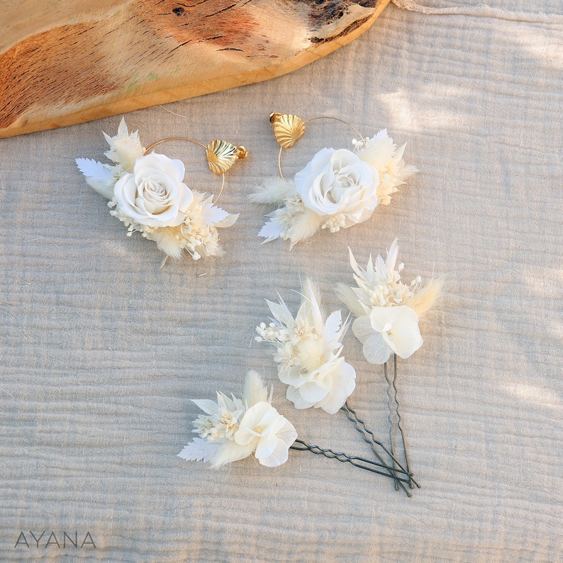 Viele Haarnadeln von OLWEN, getrocknete und stabilisierte weiße Blumen, Boho-Chic-Hochzeit, getrocknete Blume auf Haarnadel für Hochzeit, Taufe oder Kommunion 3 pics + BO