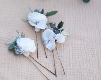 Set of 3 ANCOLIE Hairpins – Preserved Blue & White Flowers, Eucalyptus, Boho Wedding, Chic Bridal Hair Accessory
