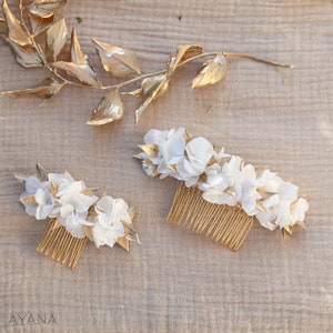 Peigne YAËLLE hortensia naturel stabilisé blanc et doré pour coiffure de mariée mariage bohème chic, parure de fleurs pour cheveux image 4