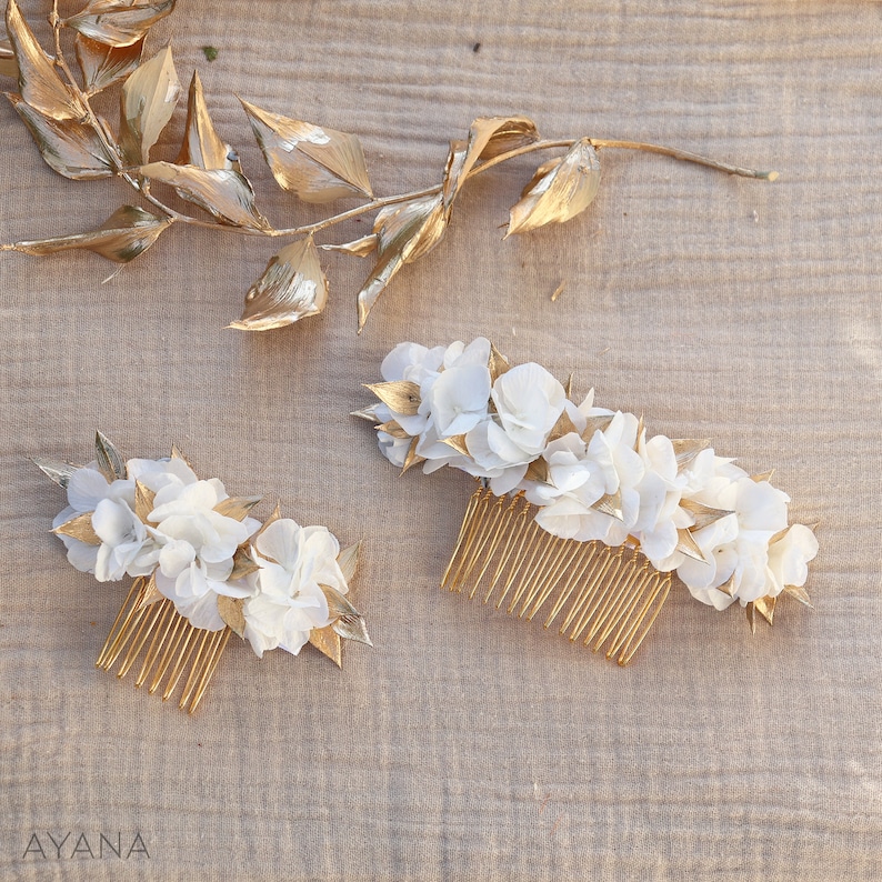 Peigne Yaëlle hortensia stabilisé blanc et doré bohème