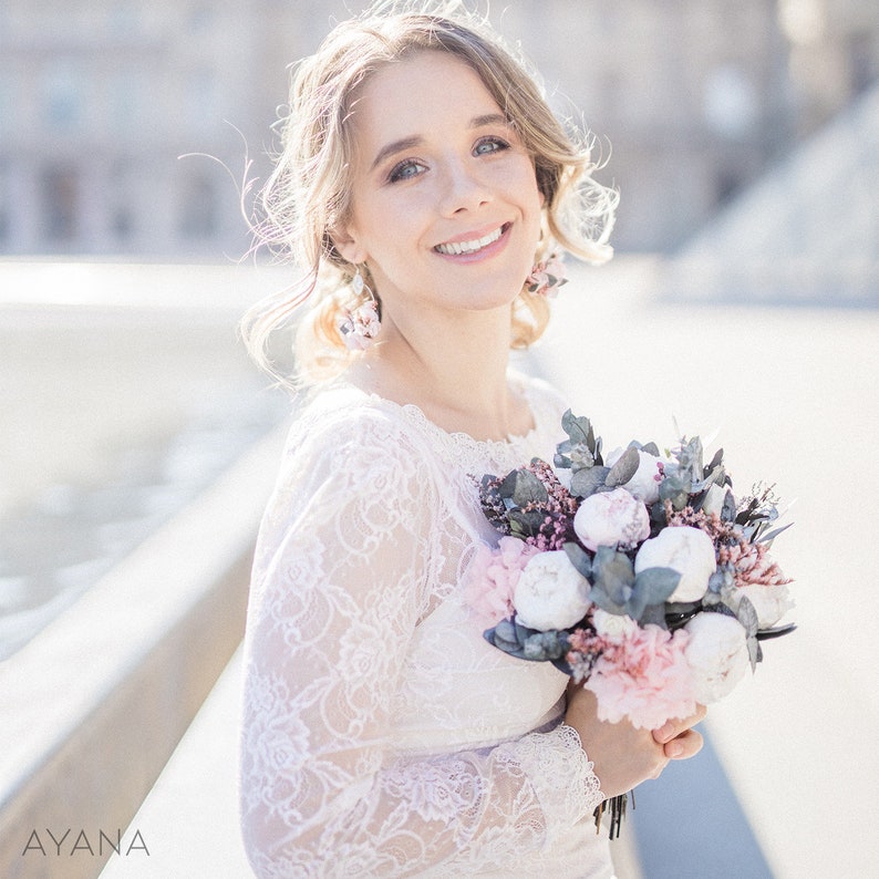 Bouquet de mariée PARIS en pivoines et roses naturelles éternelles, bouquet en fleurs séchées et stabilisées pour mariage bohème image 3