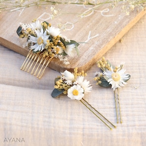 Lot épingles à cheveux ROXANE fleur séchée mariage champêtre, accessoire coiffure d'été petite fleur blanche et jaune thème campagne chic image 2