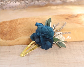 Barrette à cheveux MILA style clic-clac en fleurs stabilisées bleu pour enfant et adulte, Accessoire à cheveux bleu mariage bohème d'été