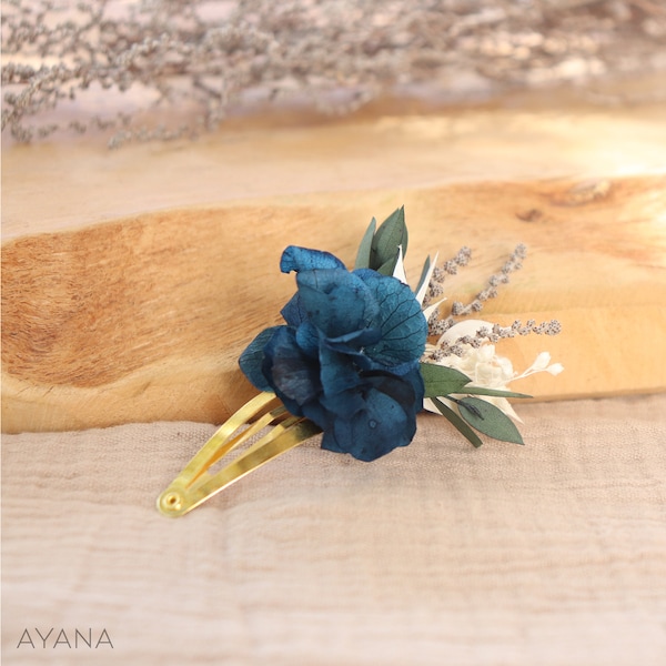 Barrette à cheveux MILA style clic-clac en fleurs stabilisées bleu pour enfant et adulte, Accessoire à cheveux bleu mariage bohème d'été